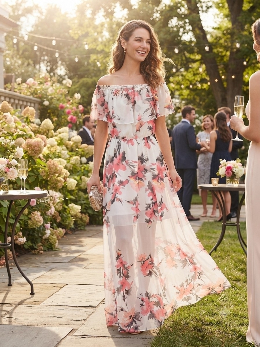 White House Black Market Floral Off-Shoulder Maxi Dress in Blush and Coral